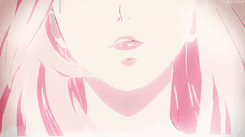 a close up of a girl 's face with pink hair and the hashtag happiness