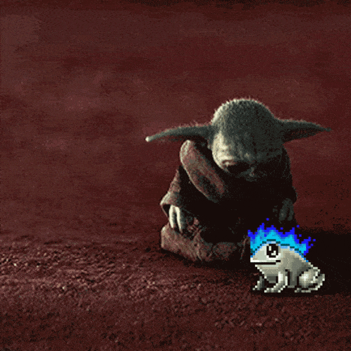 a pixel art of a baby yoda standing next to a small frog
