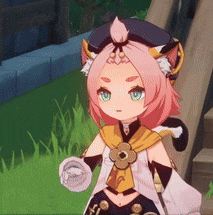 a girl with pink hair and a cat ear hat is standing in the grass in a video game .