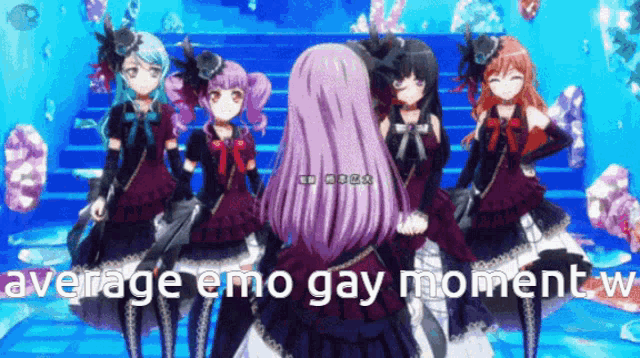 a group of anime girls are standing next to each other with the caption average emo gay moment .