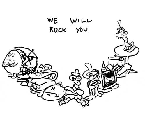 a black and white drawing of a worm with the words " we will rock you "