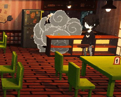 a cartoon drawing of a person standing in a room with tables and chairs with the number 1 on them