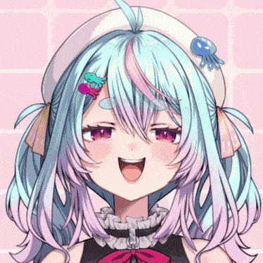 a girl with blue hair and purple eyes is wearing a white hat with jellyfish on it