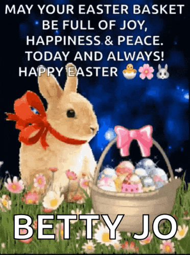 a picture of a bunny and a basket of easter eggs