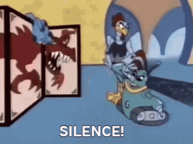 a cartoon of a chicken and a robot with the words silence behind them
