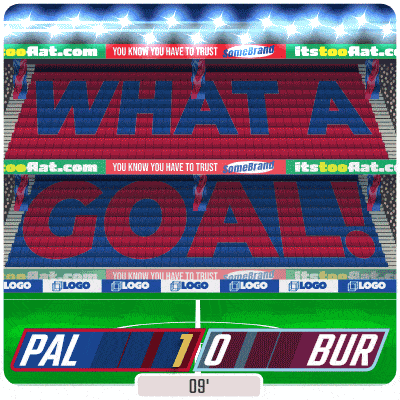 a soccer stadium with the words what a goal written on the bleachers