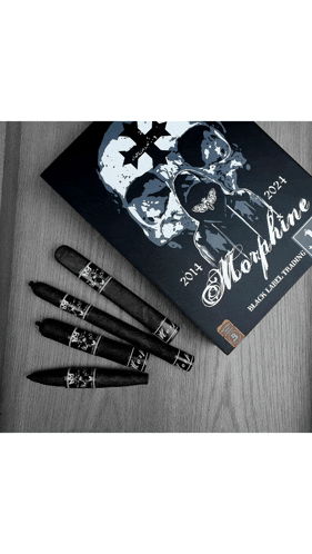 a box of morphine cigars sits on a wooden surface