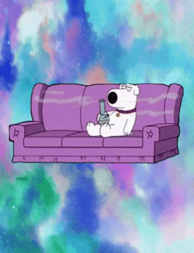a cartoon character is sitting on a purple couch smoking a cigarette