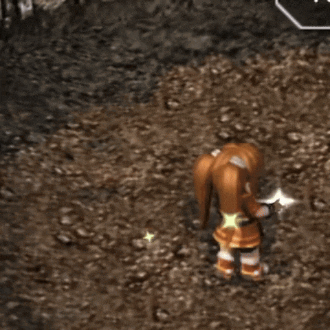 a video game character is standing in the dirt holding a sword