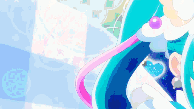 a close up of a blue and white anime character with a purple heart in her eye