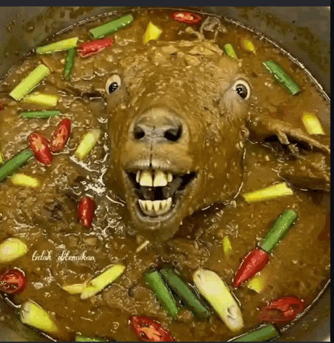 a sheep 's head is floating in a pot of stew with vegetables .