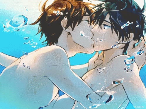 a couple of anime characters kissing in the water with bubbles coming out of them