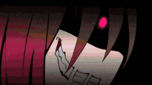 a close up of a person 's face with red eyes and teeth .