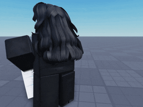 a cartoon character with long black hair is standing on a gray tiled floor