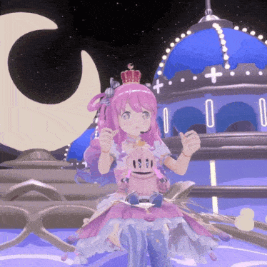 a girl with pink hair and a crown on her head is standing in front of a dome