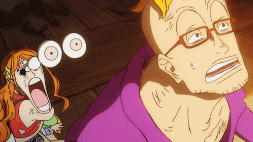 a cartoon drawing of a man with glasses and a woman with big eyes
