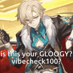 a cartoon character is sitting on a throne with the words is this your gloogy vibecheck 100 written below him