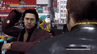 a man in a video game is fighting another man with a cutie girl stick