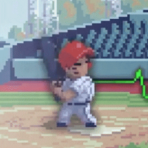 a pixel art of a baseball player with a red hat