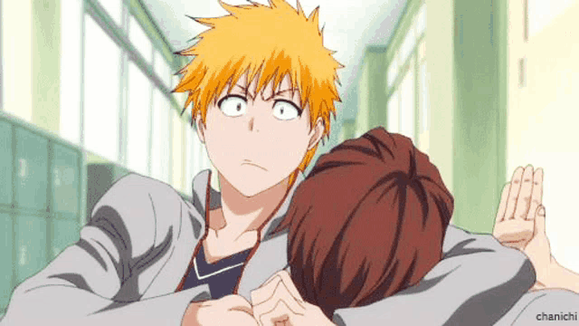 two anime characters are fighting in a hallway with chanichi written in the corner