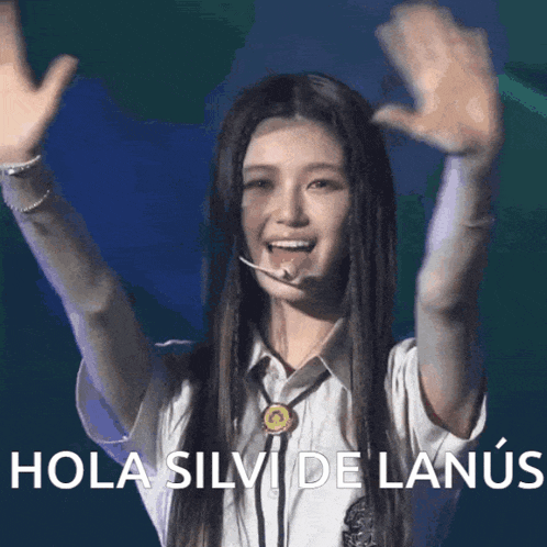 a woman with her arms in the air and the words hola silvi de lanus on the bottom