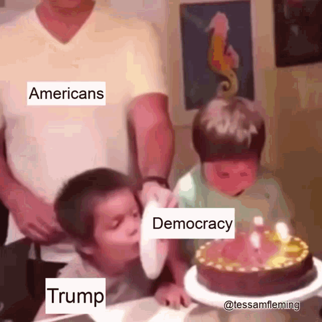 two children blowing out candles on a birthday cake with the words americans democracy and trump