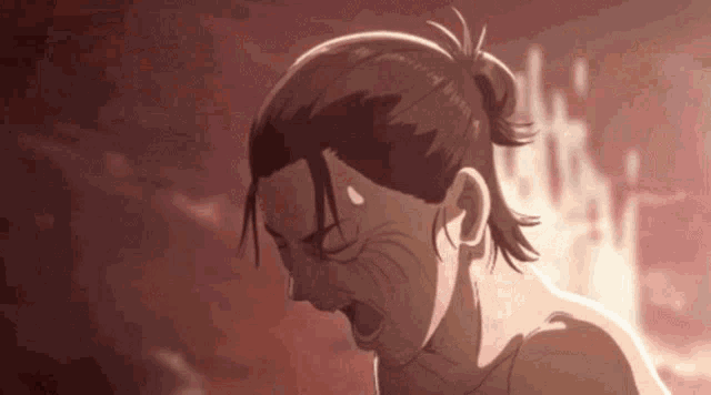 a close up of a person 's face with a ponytail .