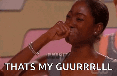 a woman is covering her mouth with her hand while crying and saying `` that 's my guurrlll '' .