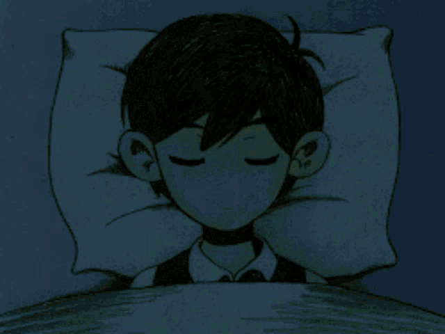 a black and white drawing of a boy sleeping in a bed