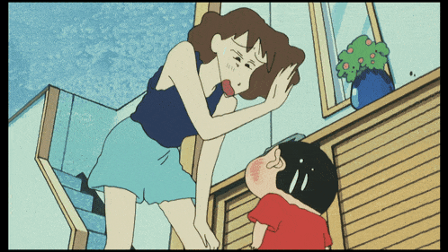 a cartoon shows a woman standing next to a boy