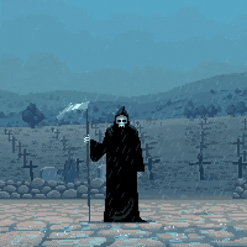 a grim reaper is standing in front of a cemetery with crosses