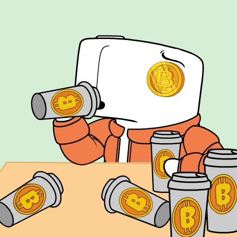 a cartoon of a man holding a cup of coffee with a bitcoin logo on it