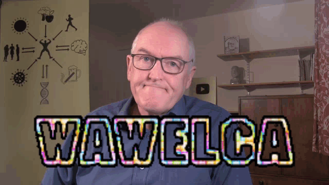 a man wearing glasses stands in front of a wall with icons and the words wawelca