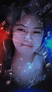a girl is surrounded by music notes and the word love is written on the bottom
