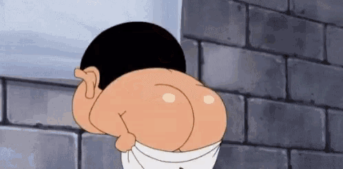 a cartoon character is standing in front of a brick wall with his pants down .