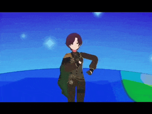 a 3d anime character is standing in front of a blue sky .