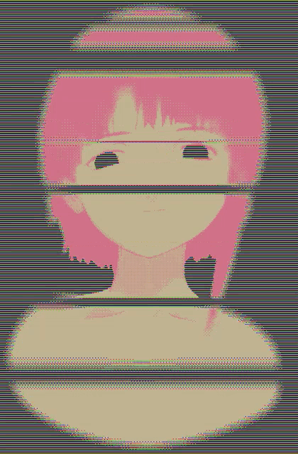 a pixel art of a girl with pink hair and a black eye