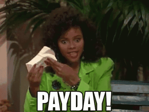 a woman in a green jacket is holding a piece of paper and says payday !