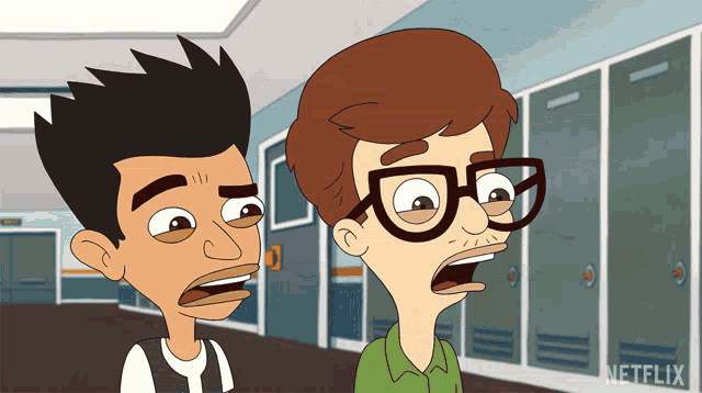 two cartoon characters are standing next to each other in a hallway with netflix written on the bottom