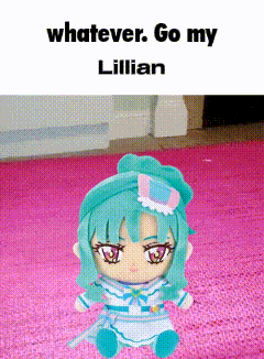 a stuffed doll is sitting on a pink carpet with the words whatever go my lillian