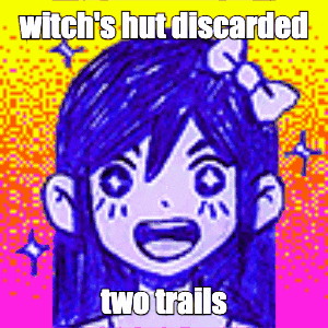 a drawing of a girl with the words witch 's hut discarded two trails written on it