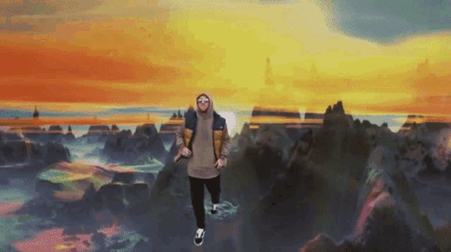 a man in a hoodie and sunglasses is flying through a colorful landscape