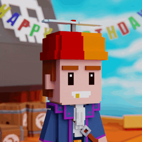 a cartoon character wearing a red and yellow hat with a happy birthday banner in the background