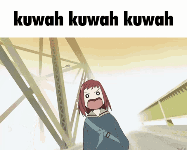 a cartoon of a girl with the words kuwah kuwah kuwah behind her