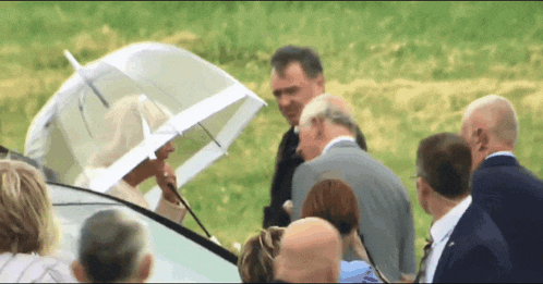 a group of people standing in a field with umbrellas on