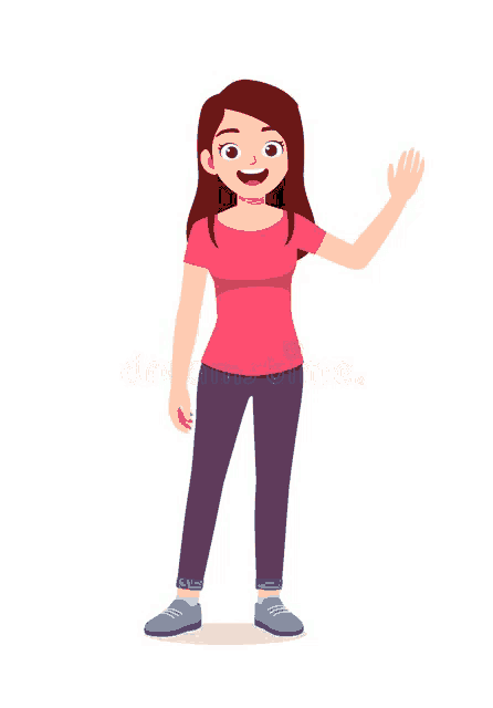 a young woman is waving her hand and smiling while standing on a white background .