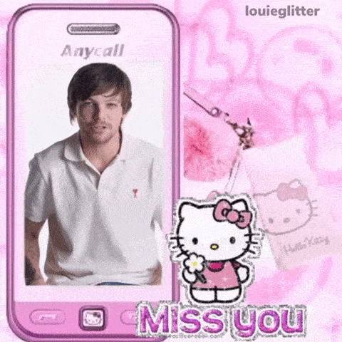 a pink cell phone with a picture of a man and hello kitty says miss you