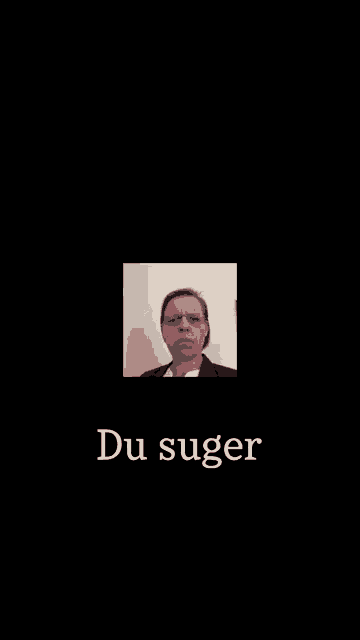 a man in a suit and tie is standing in front of a wall with the words du suger written below him .