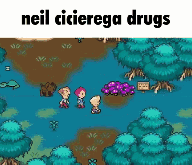 a video game scene with the words `` neil cicierga drugs '' on the bottom .