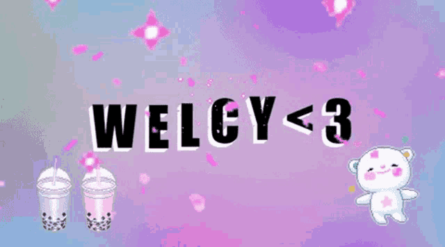 welcy < 3 is written on a purple background with flowers